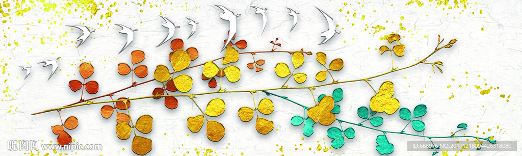 现代简约质感浮雕树叶飞鸟装饰画