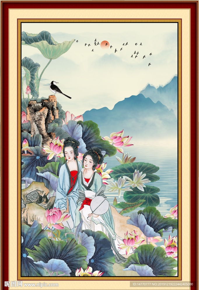 国画仕女图 荷花