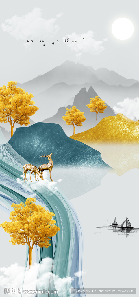 水墨山水发财树玄关背景墙