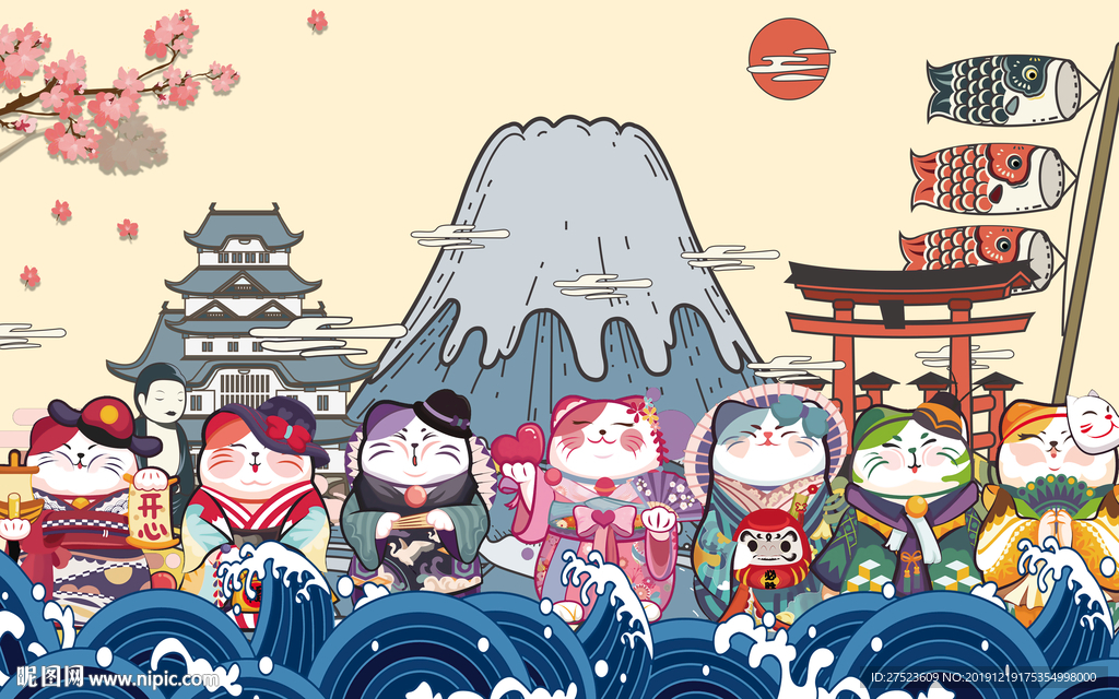 手绘日本浮世绘餐饮招财猫工装背