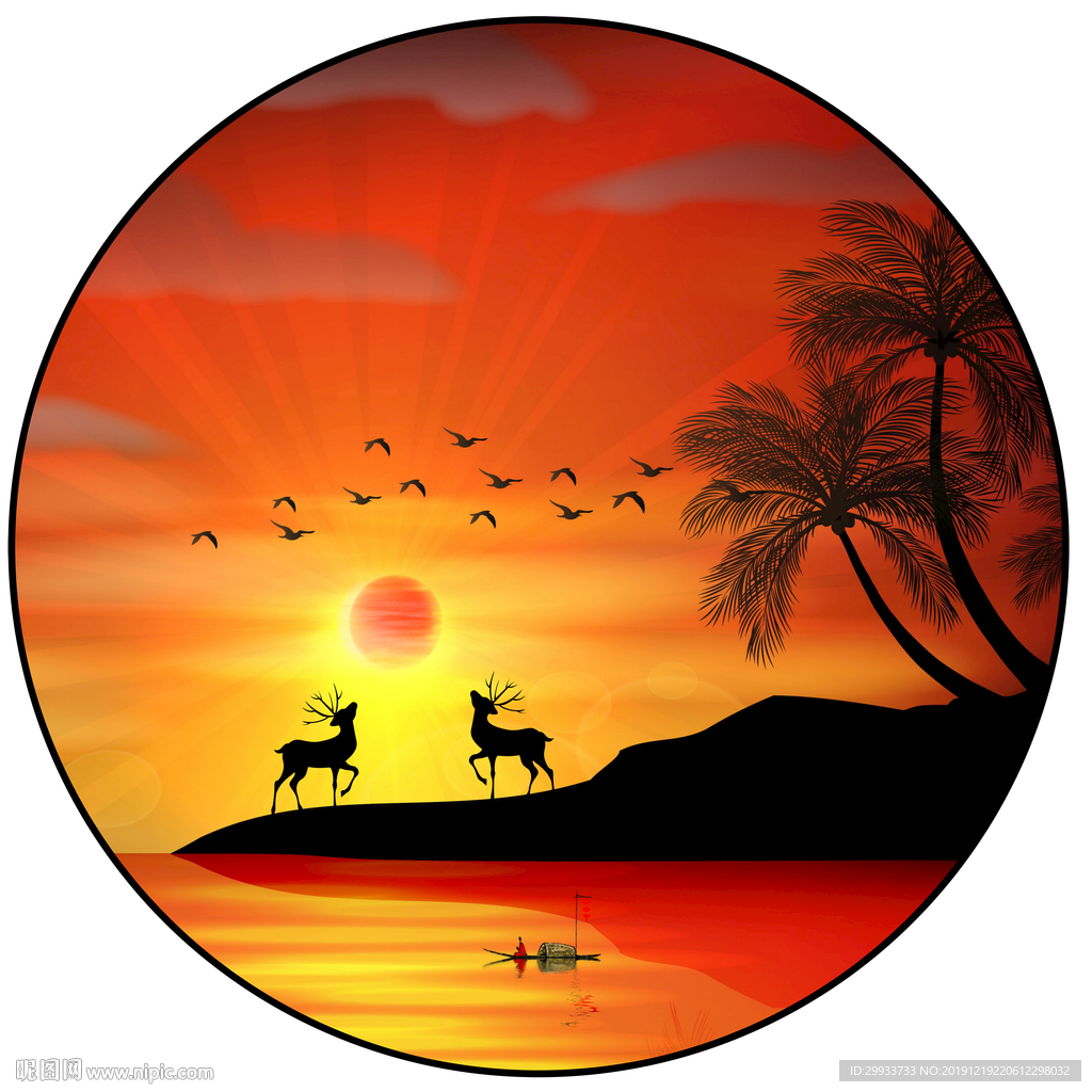 中式简约麋鹿山水圆形装饰画