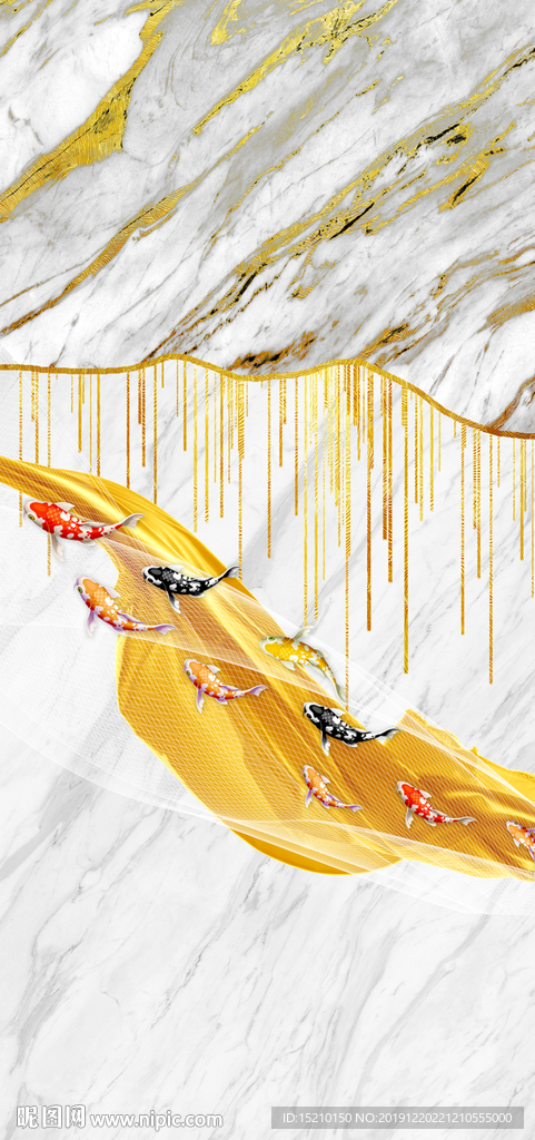 金色丝绸九鱼图玄关背景墙