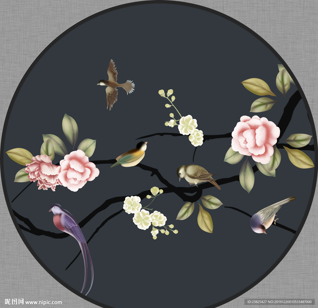 新中式手绘花鸟圆形装饰画