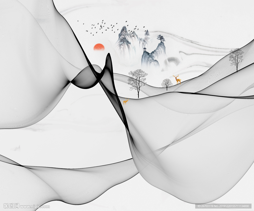 新款烟雾抽象山水画电视背景墙