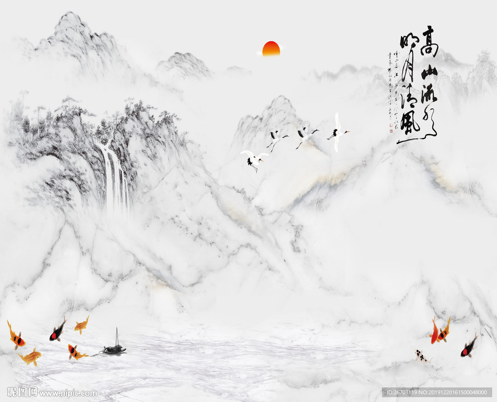 新款大理石纹山水画电视背景墙