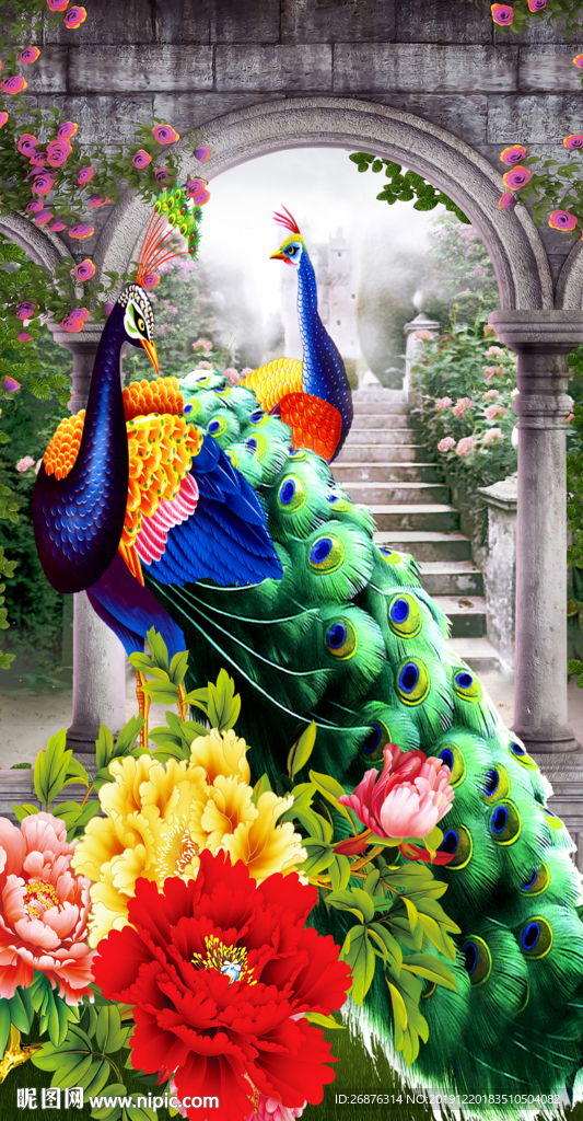 花开富贵纯手绘高清孔雀玄关背景