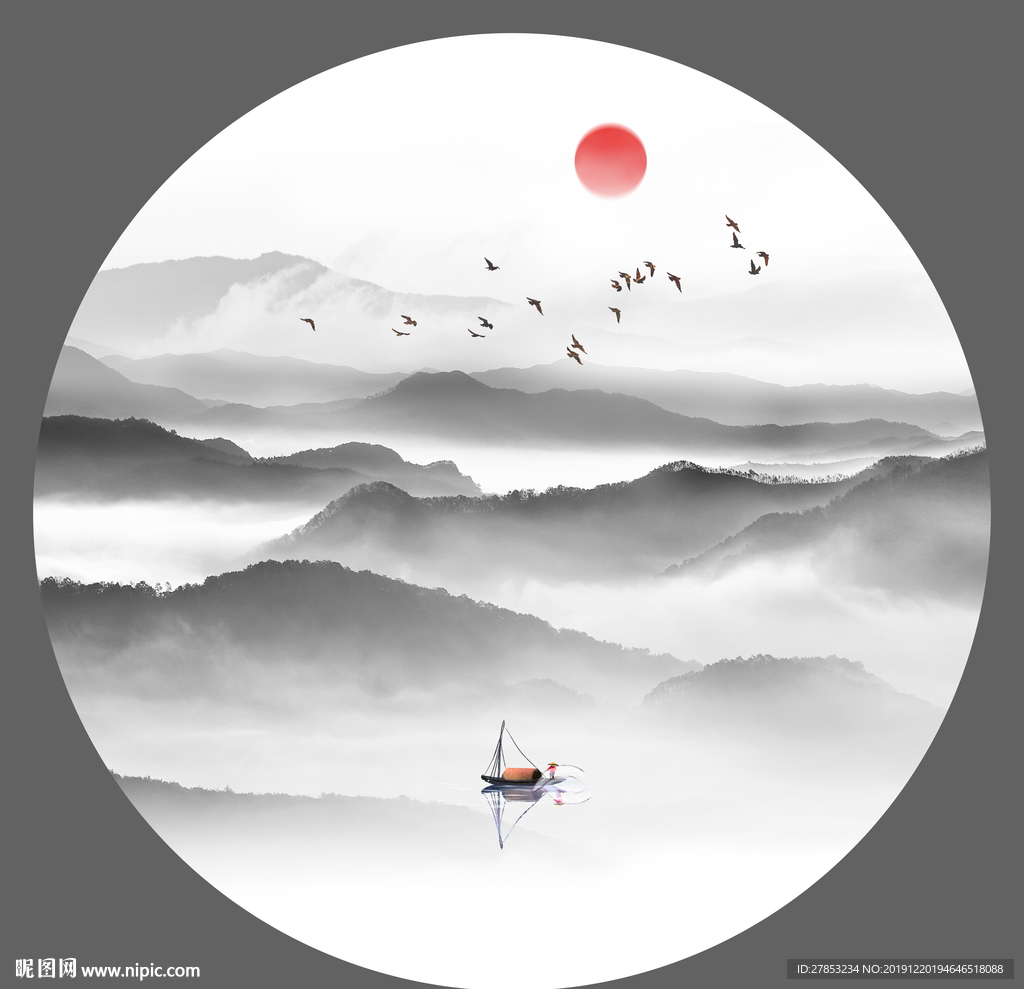 圆形山水画 水墨圆形山水
