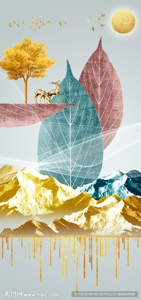 金色山脉树叶玄关背景墙