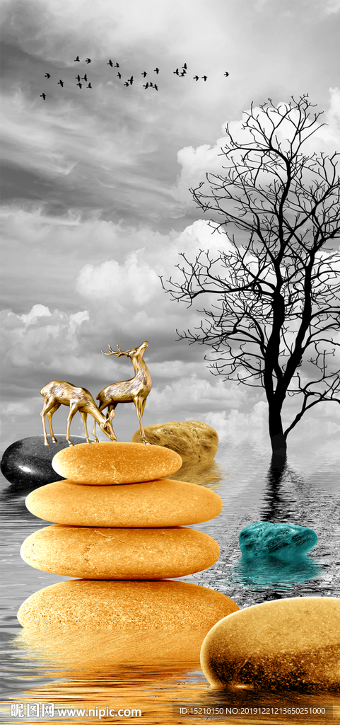 鹅卵石抽象树玄关背景墙