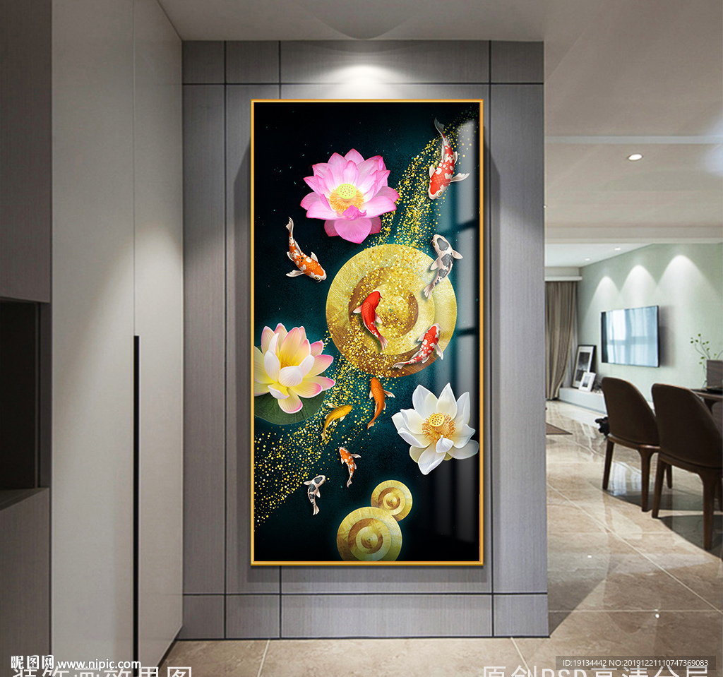 年年有鱼金色荷塘玄关晶瓷画