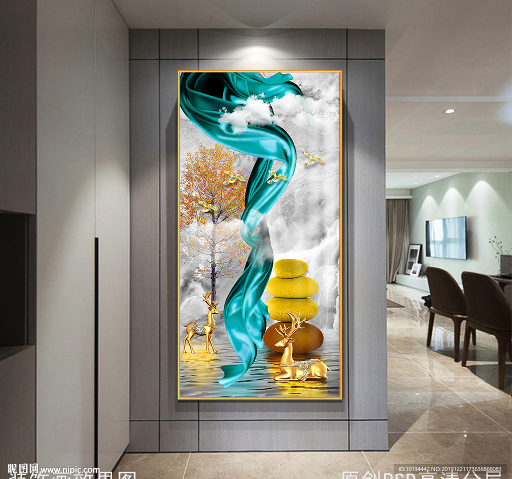 金鹿山水风景玄关画