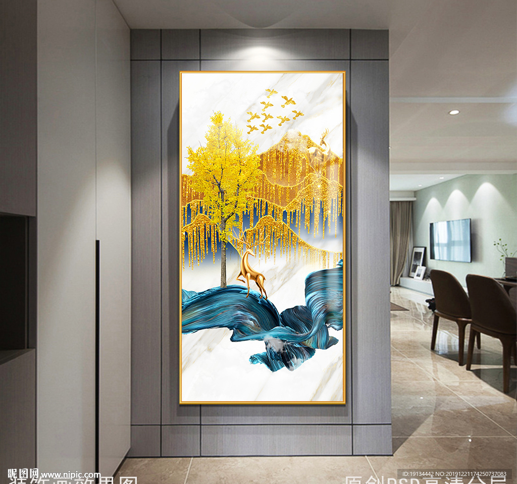 金色北欧抽象风景玄关画