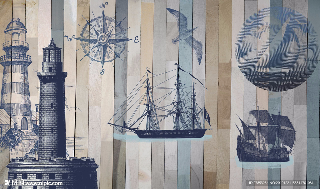 帆船儿童背景壁画