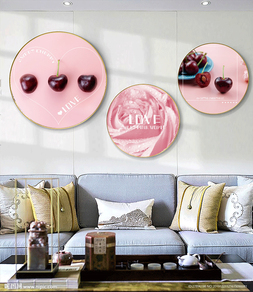 樱桃玫瑰圆形三联装饰画