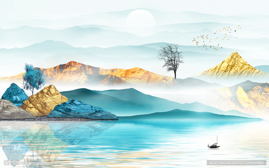 金色山水水墨国画 TIF分层