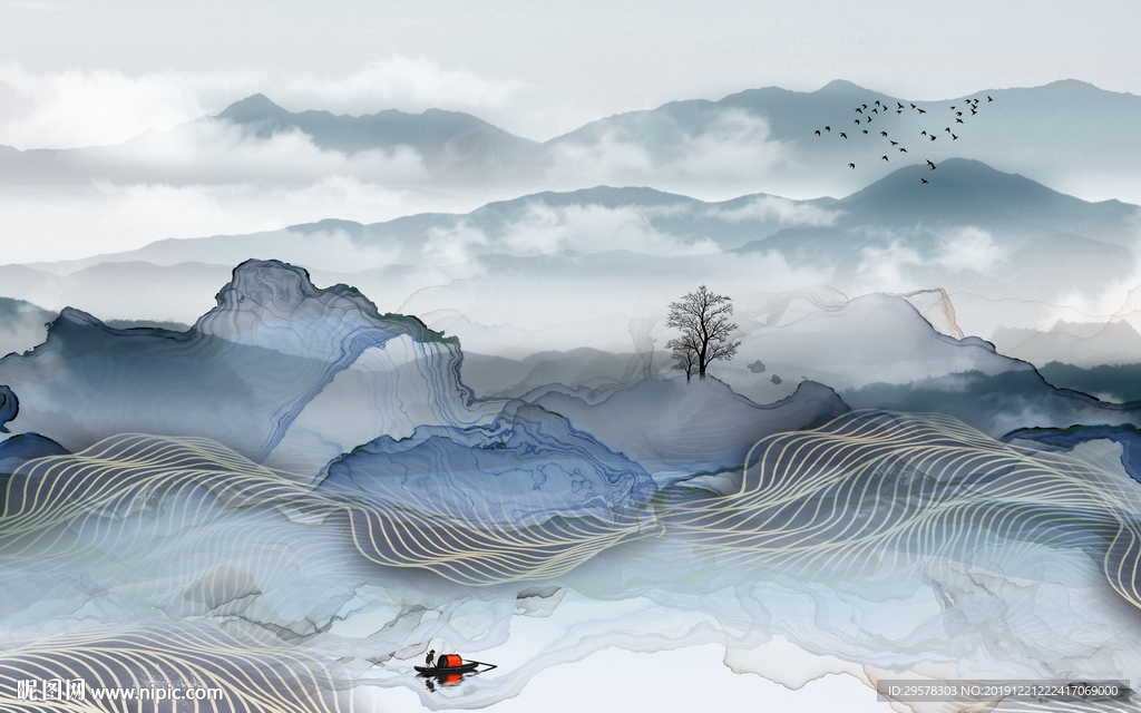 中国风山水水墨国画 TIF分层