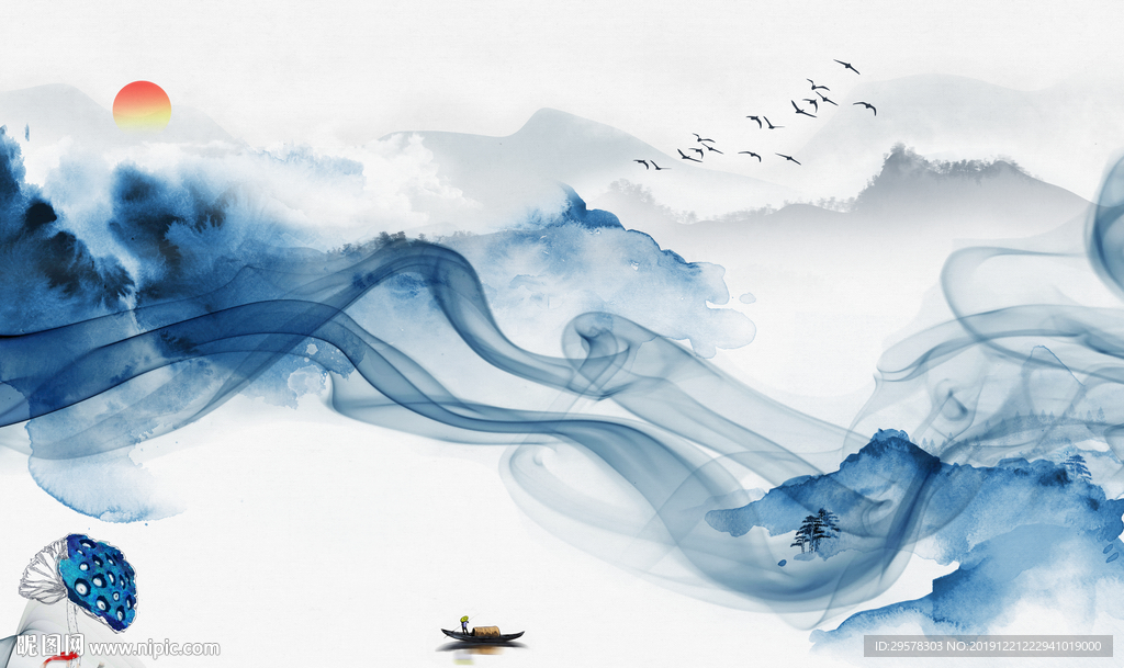 新中式山水水墨国画 TIF分层