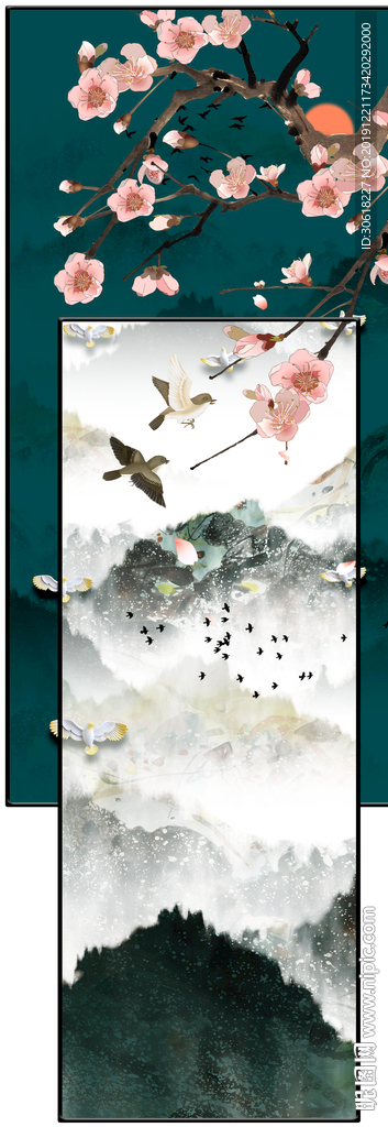 新中式花鸟重叠装饰画平面图