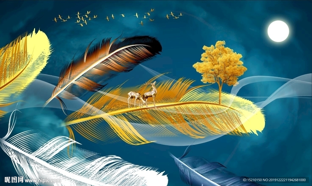 金色羽毛抽象树电视背景墙