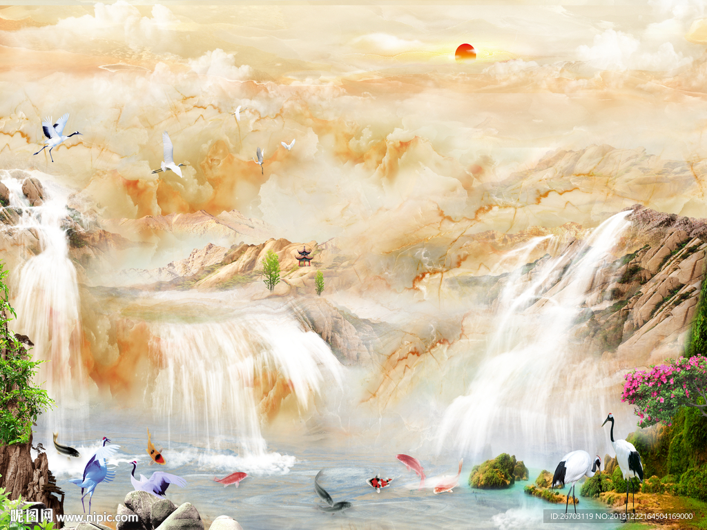 新款原创大理石纹山水画背景墙