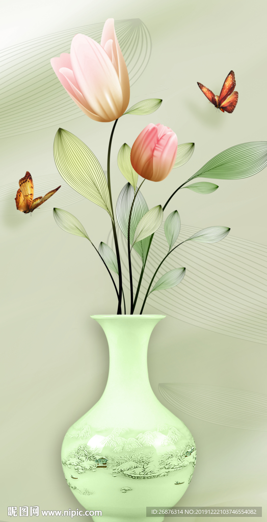 现代清新时尚3D花瓶玄关背景墙