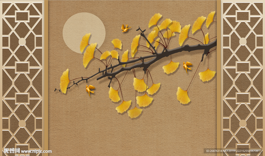 新中式银杏手绘工笔花鸟背景墙