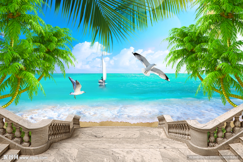 唯美沙滩椰树海景背景墙图片