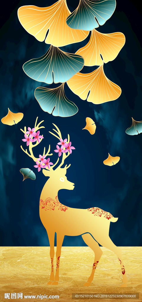 银杏树叶麋鹿玄关背景墙