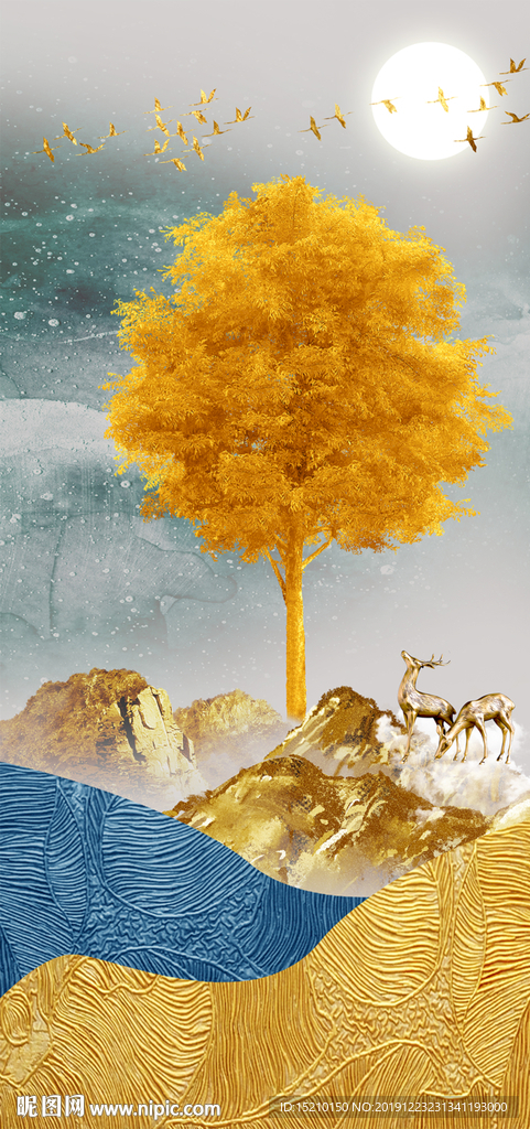 金色山水抽象树玄关背景墙