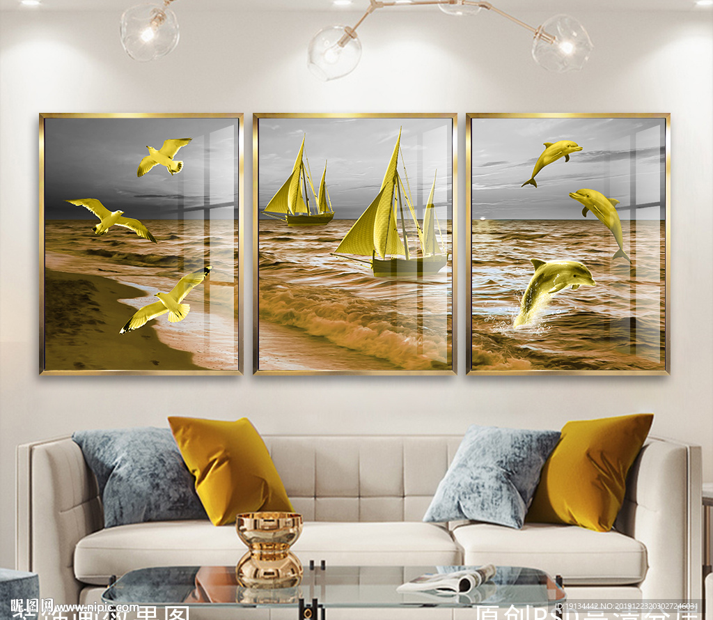 海上金帆船风景装饰画