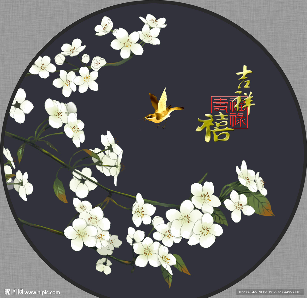 新中式手绘玉兰花鸟圆形装饰画