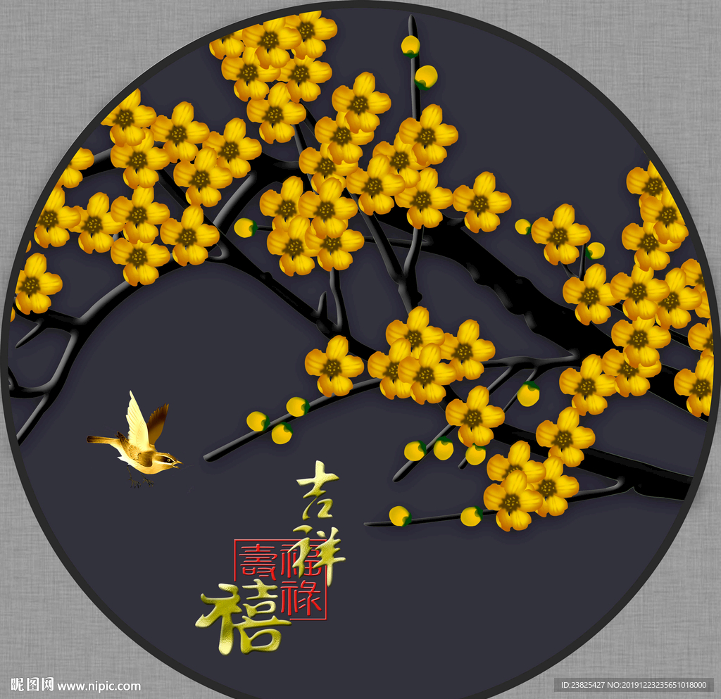 新中式手绘银杏树花鸟圆形装饰画