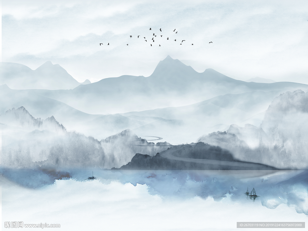 新款爆款现代水墨山水画背景墙