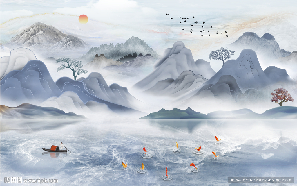 新款爆款现代简约山水画背景墙