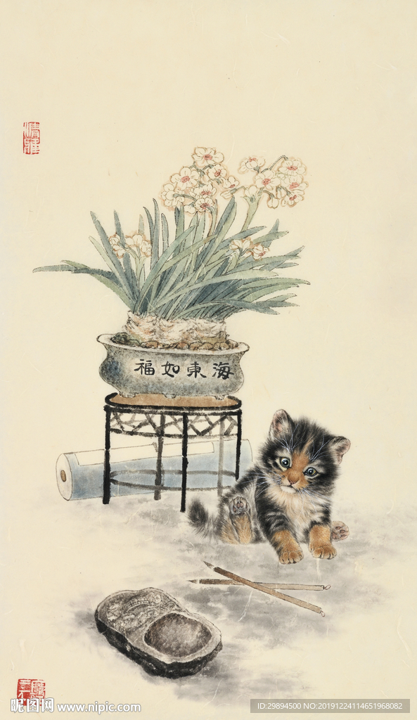 古典猫福如东海中式装饰画