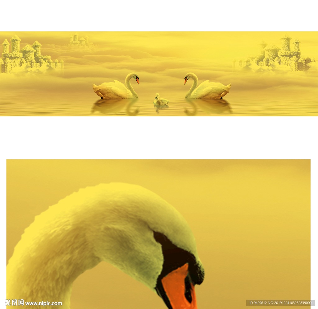 金色母子天鹅梦幻城堡沙发画床头