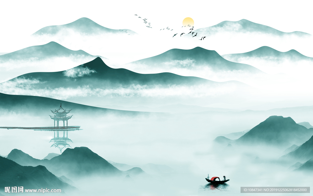 蓝色山水画高端画 TIF分层