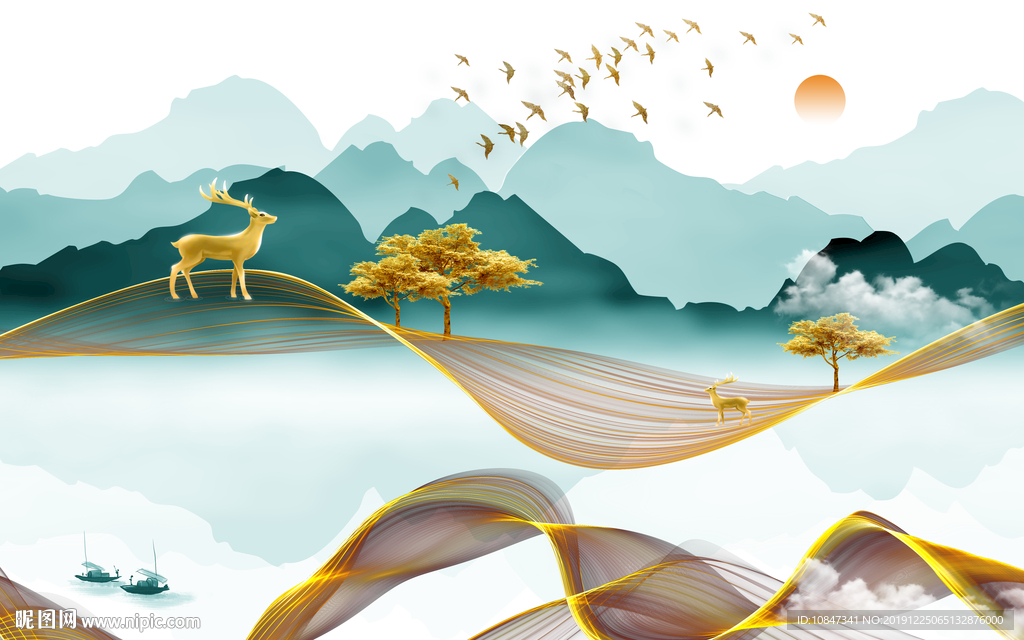 金色山水画高端画 TIF分层