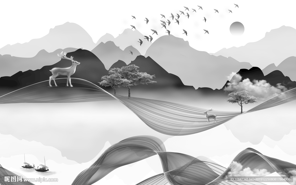 现代山水水墨国画 TIF分层