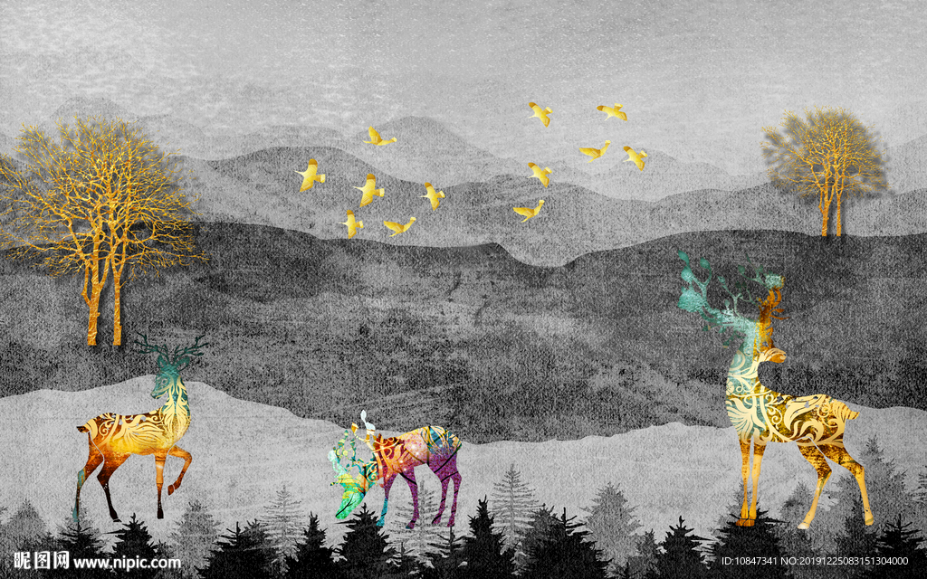 麋鹿山水水墨国画 TIF分层