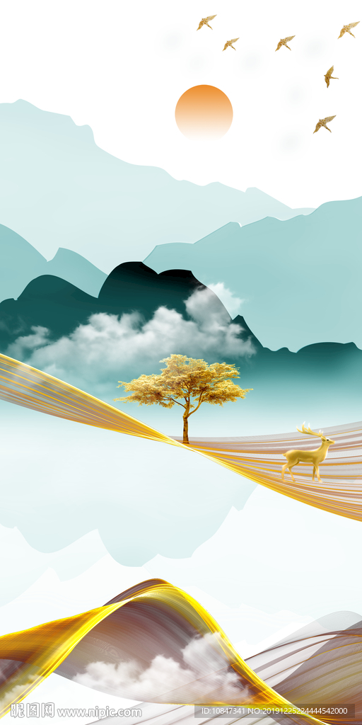 麋鹿金色背景画 TIF分层