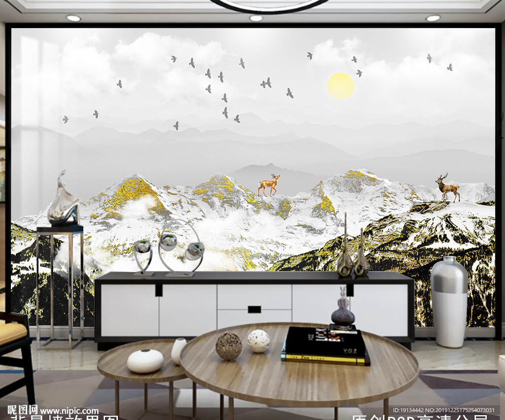 远山风景新中式背景墙