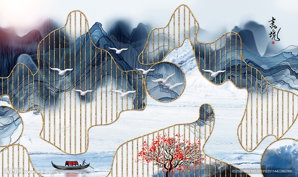 新中式山水电视背景墙