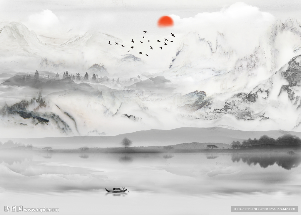 新款意境大理石纹山水画背景墙