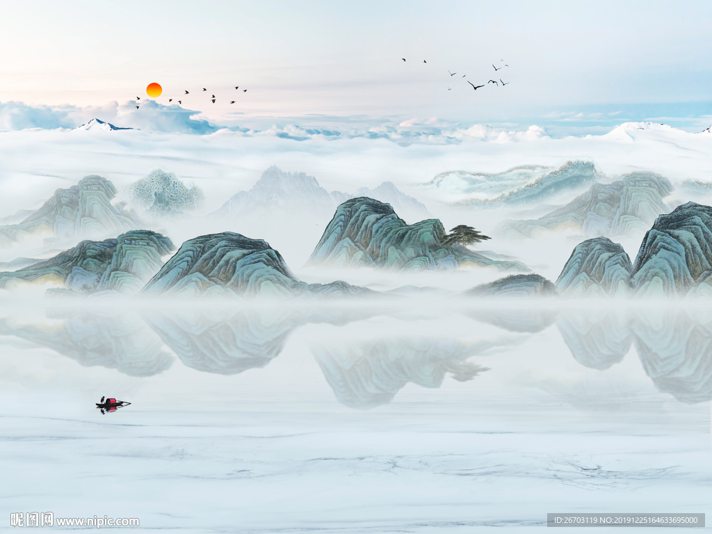 新款爆款山水画意境山水背景墙