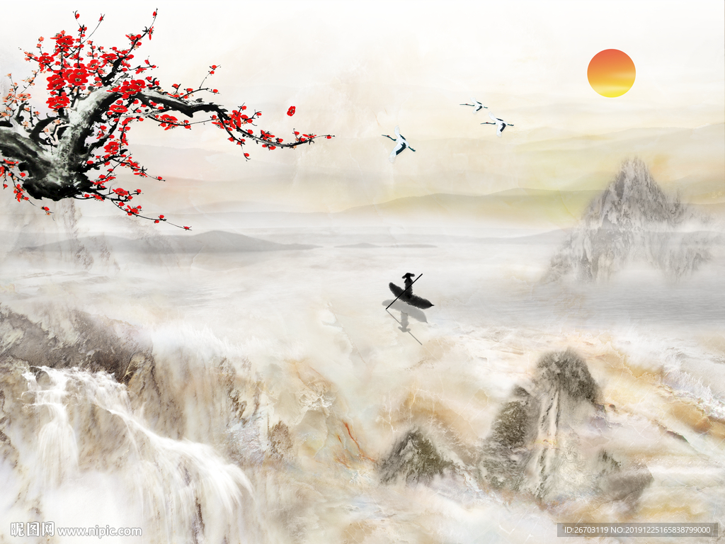 新款山水画梅花大理石纹背景墙