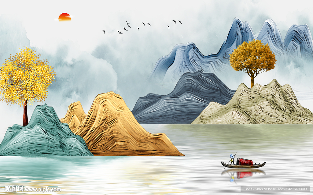 金色背景墙山水画 tif分层