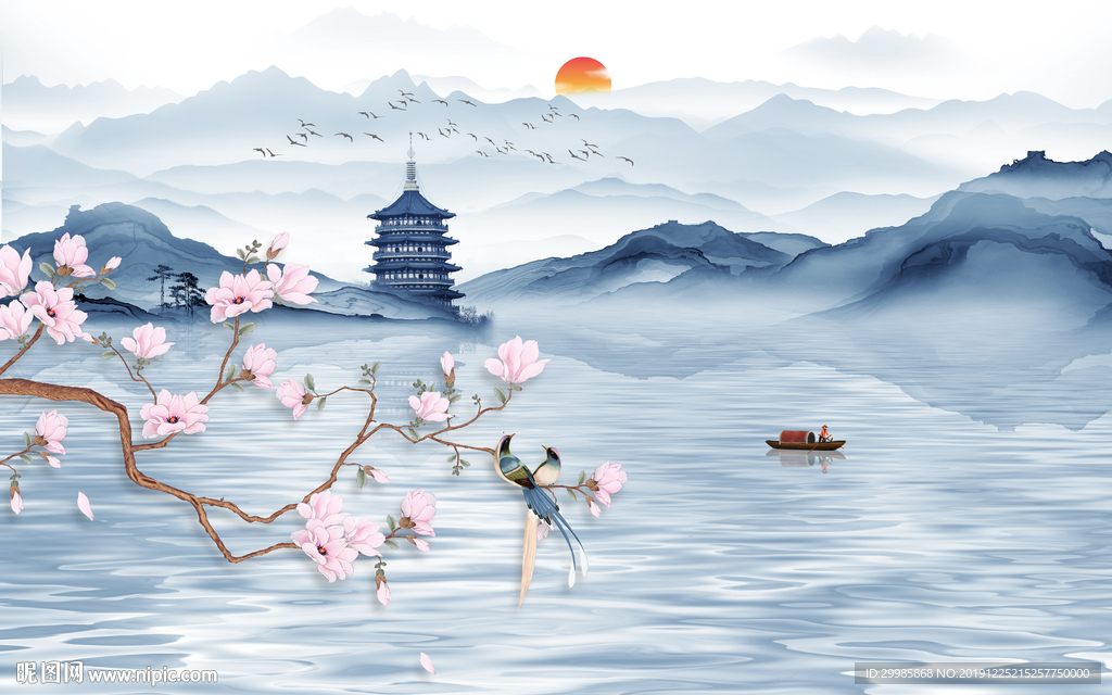 创意背景墙画山水 tif分层