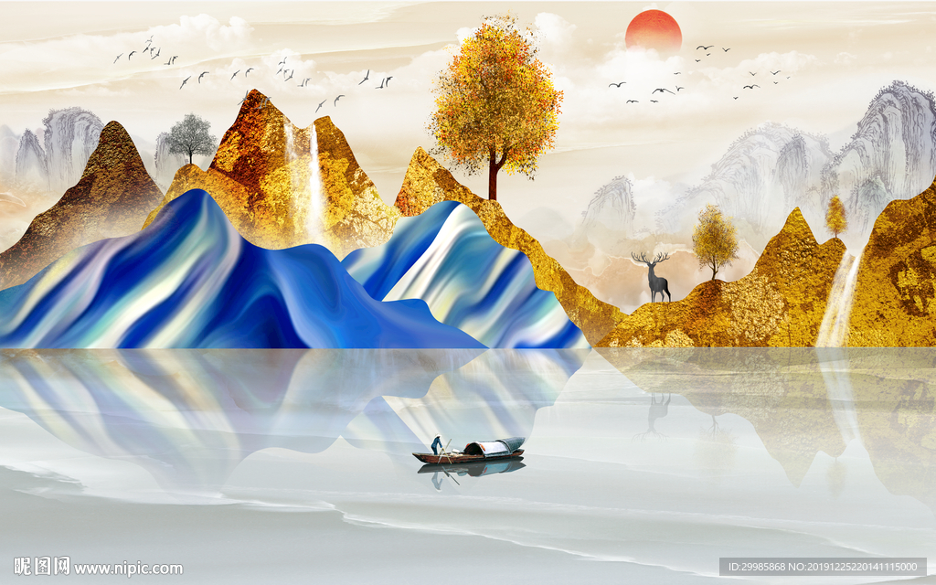 金色背景墙画山水 tif分层