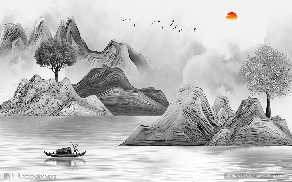 意境背景墙画山水 tif分层